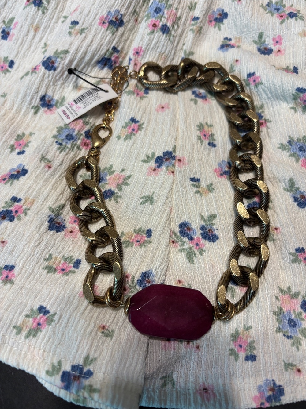 Chico's Gold-Tone Chain Necklace with Fuchsia Stone